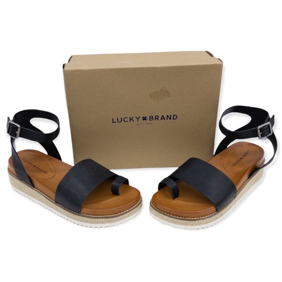 Lucky Brand Black Leather Wedge Sandals - Picture 5 of 12